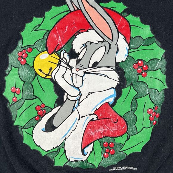 Vintage 1994 Bugs Bunny Christmas Sweatshirt Men’s XL Black Holiday Winter - Picture 8 of 16